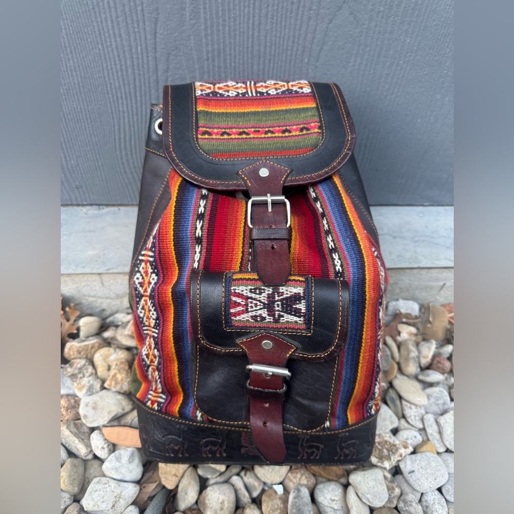 Vintage Peruvian Tooled Leather Backpack with Woven Inlay